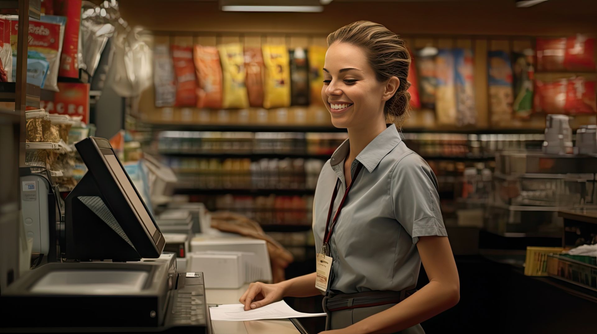 Smiling cashier in a grocery store standing at the checkout counter with shelves in the background.