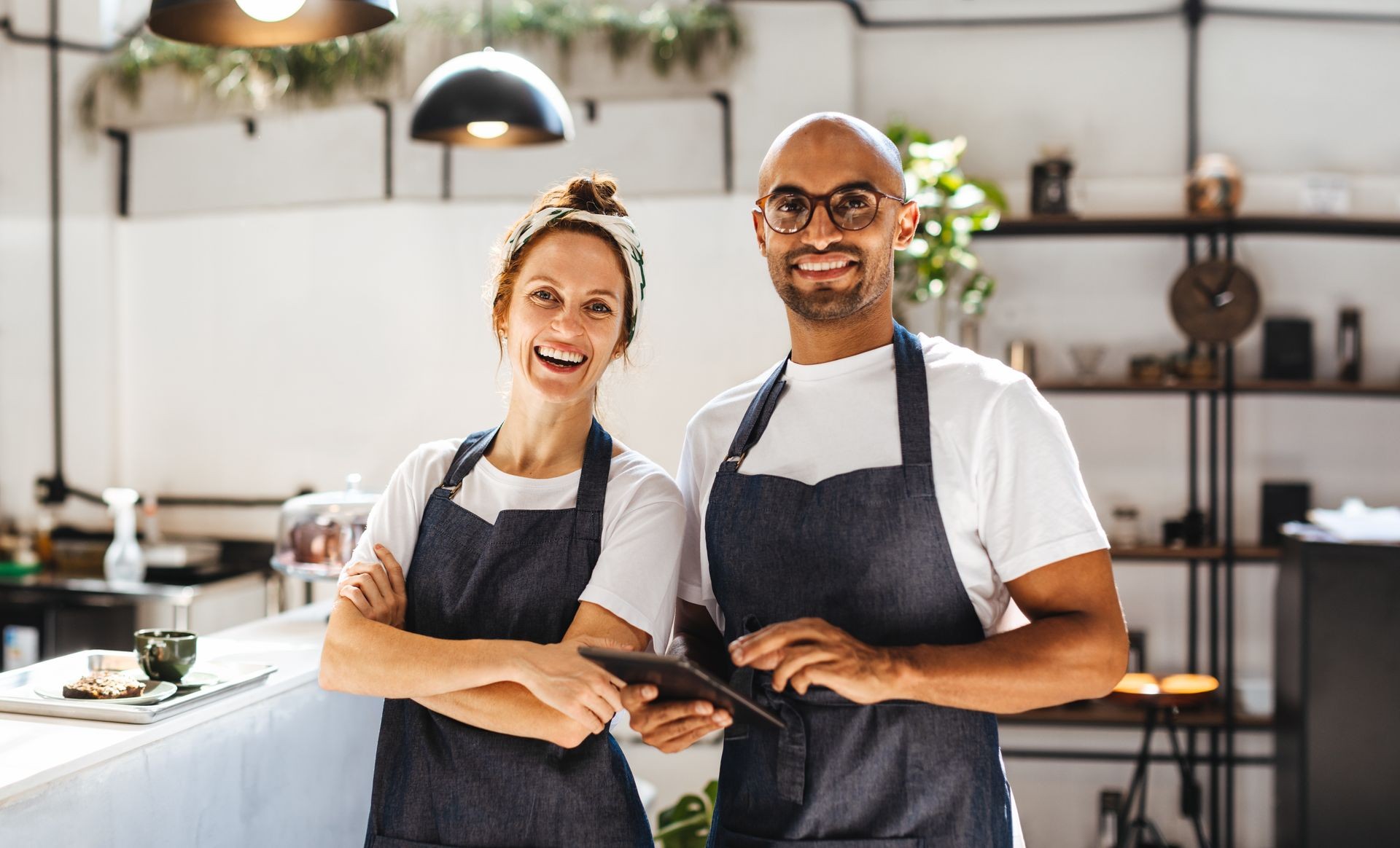 Two cafe staff members in uniforms stand behind the counter in a modern, well-lit cafe.